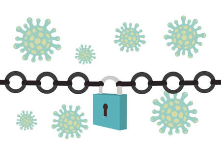 Lockdown for COVID-19 pandemic outbreak. Padlock and metal chain on virus background. Government shutdown of restaurants, shopping stores, non essential services. Vector illustration.のイラスト素材