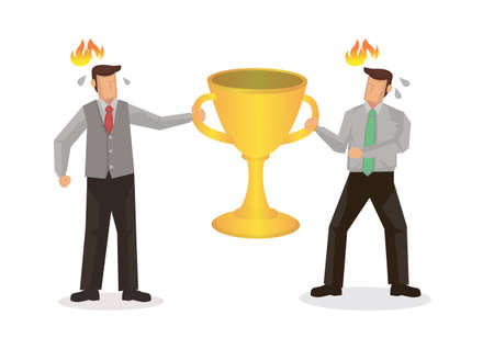 Competition and rivalry between two businessmen concept design. Fighting over a golden trophy cup. Flat isolated cartoon; vector illustrationのイラスト素材