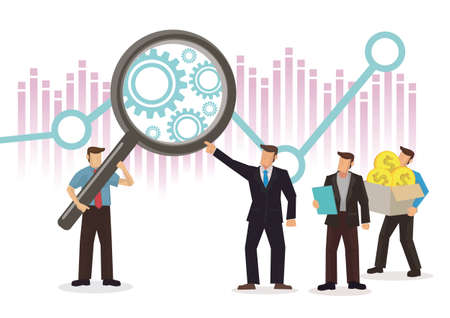 Businessmen using magnifying glass to study the the stock market. Market corporate analytics. Flat...