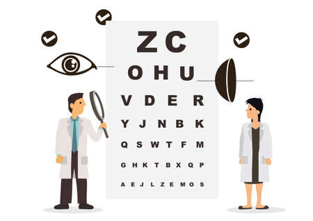 Vector graphic illustration of team of doctors diagnose the eye and the graph. Ophthalmologistのイラスト素材