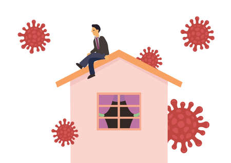 Man on Roof. Solitude and depression from social distancing, isolated stay home alone in COVID-19 coronavirus crisis. Sad unhappy depressed man surrounded by virus. Vector illustrationのイラスト素材