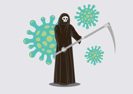 Grim reaper with virus in the background. Concept of epidemic outbreak. Vector illustration.のイラスト素材