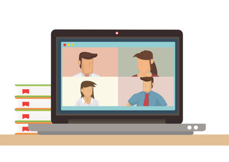 Business illustration of a laptop, video conference application with group of people. Vector illustration.のイラスト素材