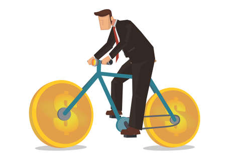 Businessman riding a coin bicycle. Wheels of the bicycle are golden coins. Flat vector illustrationのイラスト素材