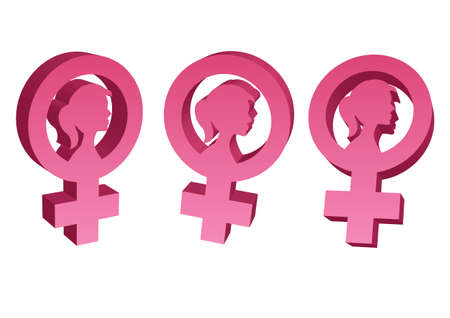 Feminism 3D in three angles. Female international movement. Flat Isolated Vector illustration.のイラスト素材