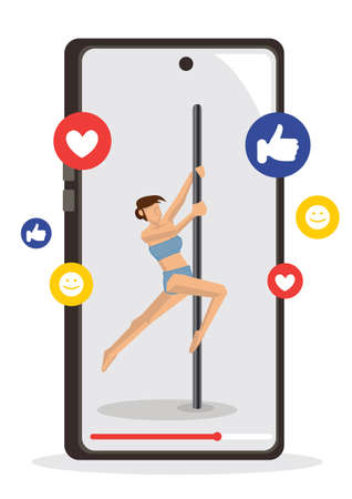 Beautiful young woman pole dancing in front of a recording video. Concept of social media or influencer marketing.のイラスト素材