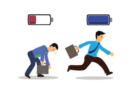 Businessman with low battery red color and Businessman with high full level energy battery blue. Business life energy. Flat vector illustration design.のイラスト素材