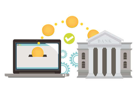 Transfer, give or borrow money to the bank online. Mobile payment with laptop computer. Transaction, business internet pay and digital banking. Payment technology commerce finance concept. Vector illustration.のイラスト素材
