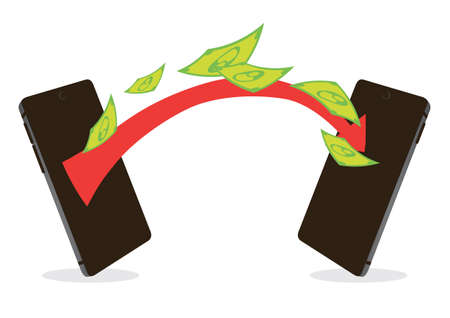 Transaction of money from mobile phone into another mobile phone. Concept of financial transactions, money transfer, non-cash payment. Flat cartoon vector illustration.のイラスト素材