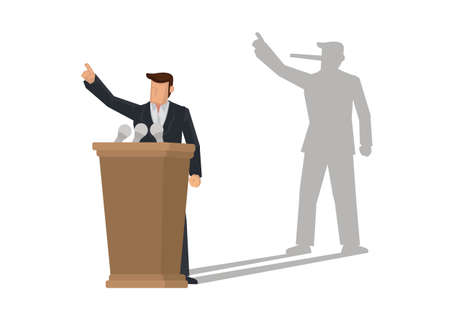 Politician on a podium giving speech with his long nose shadow. Concept of liar. Vector illustrationのイラスト素材
