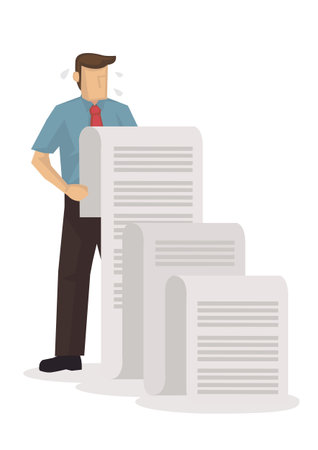 Business employee holding a long list of tasks. Businessman busy with work. Flat character vector illustration.のイラスト素材