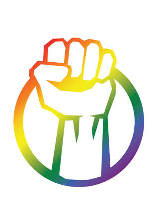 Fist icon in rainbow colours in vector. Raised arm clipart with colorful gay symbols. LGBT pride flag. Editable for web and print.のイラスト素材