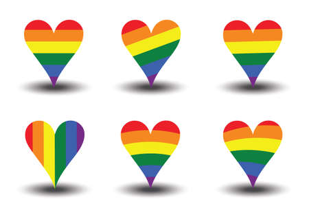 Six set of LGBT Pride heart vector icons. Collection of Color rainbow flag within a heart. Flat design signs isolated on white background.のイラスト素材