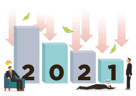 Negative growth market crash in year 2021. Concept of negative indicators, decline business and recession. Flat vector illustration.のイラスト素材