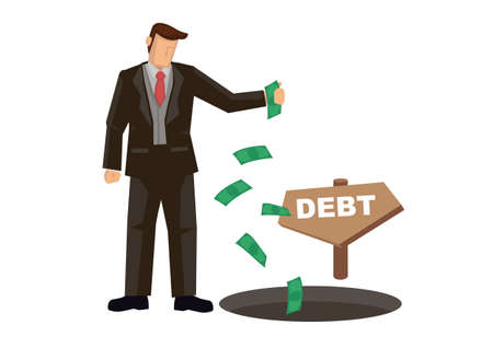 Businessman throwing money into the Debt black hole. Vector illustration.のイラスト素材