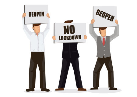 Group of protesters with placard banners against lockdown. Concept of conspiracy theory or human rights during a pandemic. Vector illustrationのイラスト素材