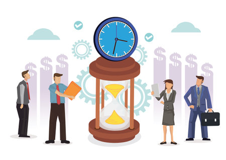 Businessmen with clock and hourglass on white background. Concept of work corporate time management and time is money. Vector illustrationのイラスト素材