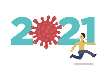2021 virus lifestyle ideas concept with run away man. The effect of virus in the world. Flat vector illustration cartoon.のイラスト素材