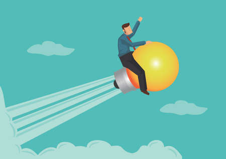 Businessman riding on the idea or light bulb flying in the sky. Business concept ideas and creativity. Flat vector illustration.のイラスト素材
