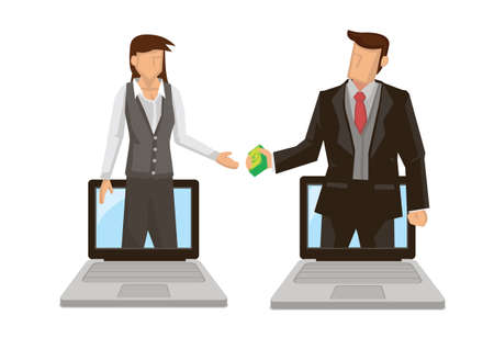 Business people giving money out of their laptop computer. Concept of Global Business cooperation. Flat Vector Illustration.のイラスト素材
