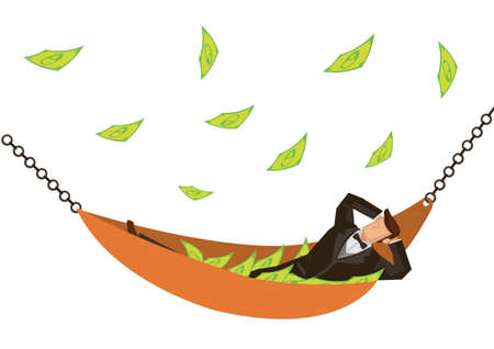 Businessman lying in a hammock with falling money isolated on white background. Concept of wealth and success. Flat vector illustrationのイラスト素材