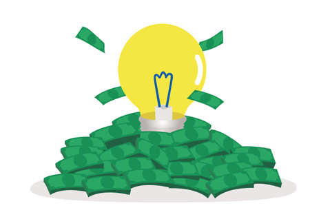 Light bulb within a pile of cash money. Concept of great idea produce wealth or saving on renewable energy. Vector illustration on white backgroundのイラスト素材