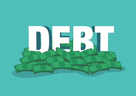 Big pile of cash money with giant debt text. Heap of packed dollar bills. Flat style modern vector illustration isolated on green background.のイラスト素材