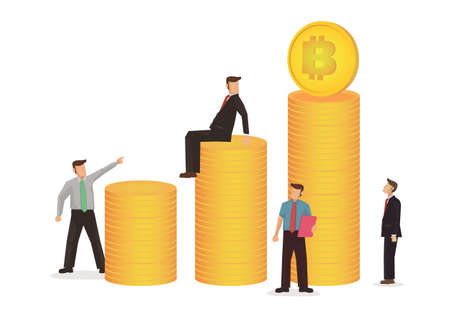 Businessmen seeing the Bitcoin value. Financial and business concept of bitcoin and cryptocurrency. Isolated vector illustration.のイラスト素材