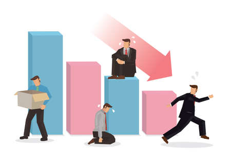 Economic recession, financial crisis or stock market crash concept with worried businessman investor or business owner. Red down arrow. Vector illustration.のイラスト素材