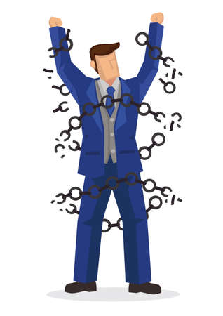 Young strong businessman breaking metal chain. Isolated vector illustration.のイラスト素材