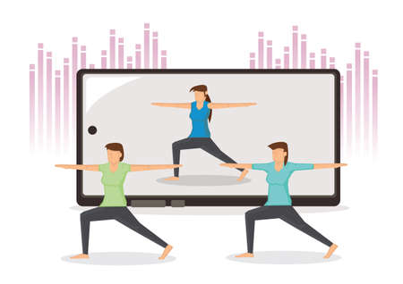 Fitness virtual sports workout application. Healthy exercise without gym. Personal training with modern mobile technology. Vector illustration.のイラスト素材