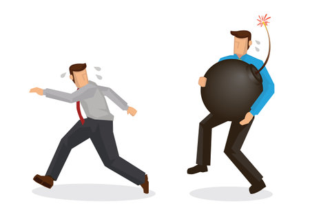 Businessman holding a huge bomb and his colleague running away from him. Troublemaker at work business concept. Vector illustration.のイラスト素材