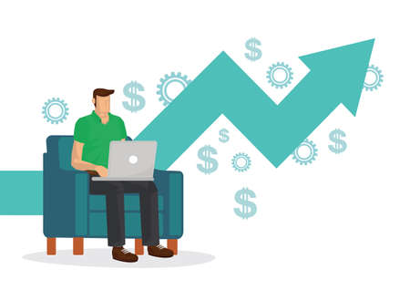 Freelancer sits in a chair working from his laptop, earning money. Concept of workng at home. Vector illustration in cartoon style. Home office workplace.のイラスト素材