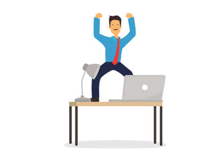 Smiling businessman jumping for joy on his office desk with a laptop. Happy employee no stress after successful deal. Isolated vector illustrationのイラスト素材