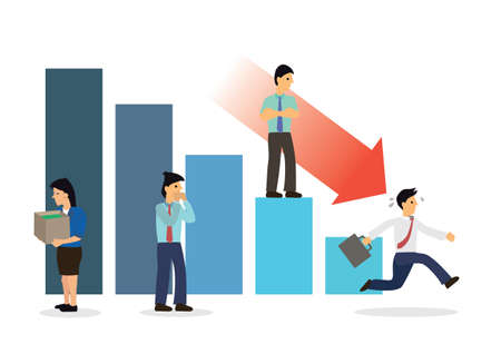 Economic recession, financial crisis or stock market crash concept with worried businessman investor or business owner. Red down arrow. Vector illustration.のイラスト素材