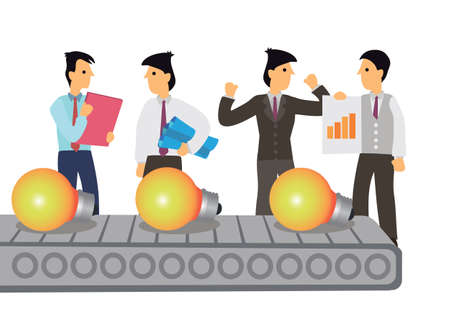 Conveyor belt machine of ideas light bulb with businessmen. Concept of financial earning income from ideas. Vector illustration.のイラスト素材