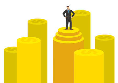 Successful business man stand on money with isolated white background. Vector illustration.のイラスト素材