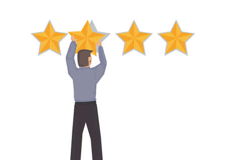 Businessman putting a star. Evaluation concept. Businessman putting up four stars to increase rating of company. Vector illustration.のイラスト素材