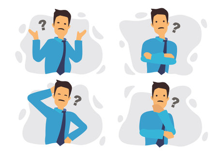 Set of four Businessman in blue suite showing different gestures character. Vector illustration flat design.のイラスト素材