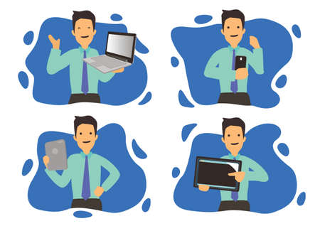 Businessman with laptop and other mobile devices. Project Manager. Business Corporate Working Startup. Vector illustration.のイラスト素材