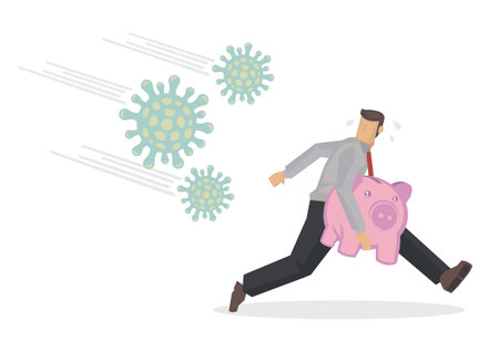 COVID-19 virus impact businessman, running away from COVID-19 Coronavirus pathogen with huge piggy bank. Flat Vector Illustration.のイラスト素材