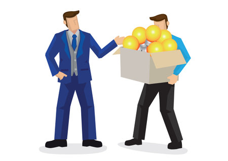 Businessman holding a box of glowing light bulb and giving to his boss. Creative concept of proposing ideas. Simple trendy isolated vector illustration.のイラスト素材