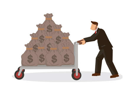 Happy businessman pushing cart full of money. Concept of progress or rich. Vector illustration.のイラスト素材