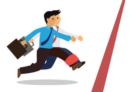 Two business people run together towards the finish line. Concept business on partnership, togetherness, office team or cooperation. Flat business cartoon vector illustration.のイラスト素材