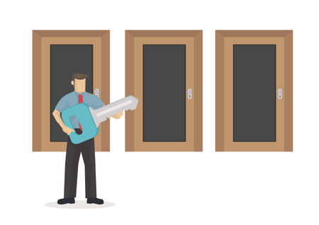 Businessman making a choice, standing in front of three doors with a key. Decision making concept. Vector illustration.のイラスト素材