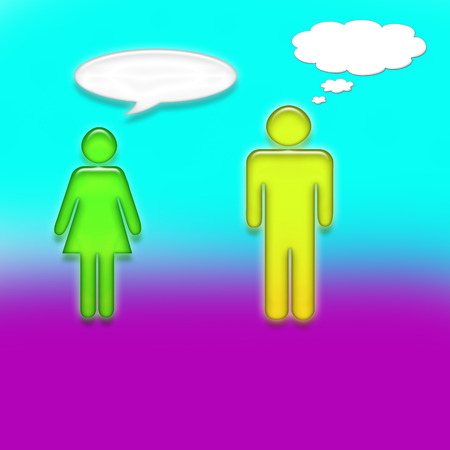 Illustration of man and woman communicating with bubbles