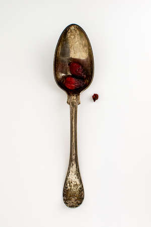 Old vintage silver spoon with dried rose hips and a single rowan berry on the side.の写真素材
