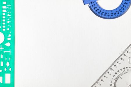 pencil and ruler on a white backgroundの写真素材
