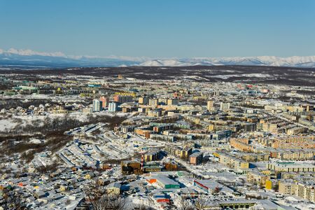 view of the city and volcano from hill near cityの写真素材