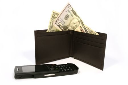 telephone and purse for payment of the goods and the services, filled with money.の写真素材